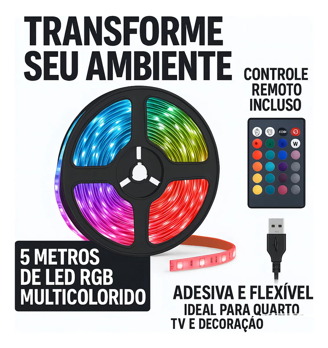 Fita Led Rgb 5 Metros Usb Com Controle Remoto